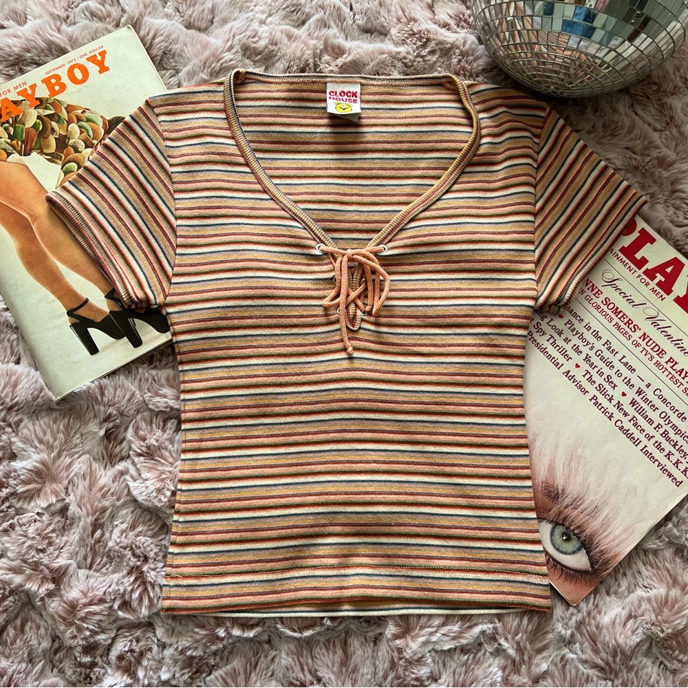 70s Vintage Lace Up Striped Tee